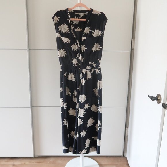 Vince 100% Silk Floral Sleeveless Black Cream Jumpsuit Midi Size M - Picture 8 of 16